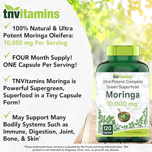 Moringa Capsules 10,000mg - 120 Capsules | Pure Moringa Oleifera Leaf Powder Supplement | Ultra Potent Green Superfood Powder Capsules | Super Greens Powder Pills | Non-GMO, Made in the USA!