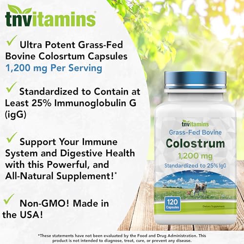Colostrum Supplement 1,200 mg Per Serving, 120 Capsules | Standardized to 25% IgG (Immunoglobulin G) | Grass-Fed Bovine Colostrum Powder Caps | Immune Support Supplement | Non-GMO, Made in the USA!