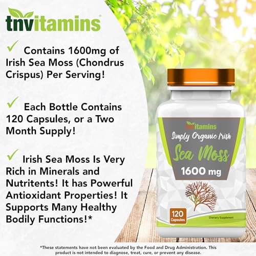 tnvitamins Organic Irish Sea Moss: 1600mg x 120 Capsules | Two Month Supplt Simply Organic Sea Moss Powder Capsules are Highly Potent, and Absorbable! | Non-GMO | Made in The USA!