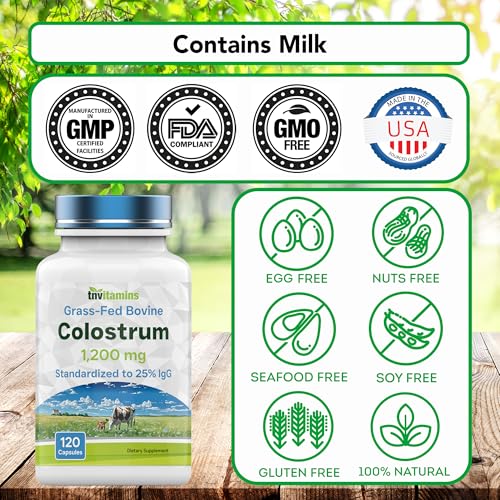 Colostrum Supplement 1,200 mg Per Serving, 120 Capsules | Standardized to 25% IgG (Immunoglobulin G) | Grass-Fed Bovine Colostrum Powder Caps | Immune Support Supplement | Non-GMO, Made in the USA!