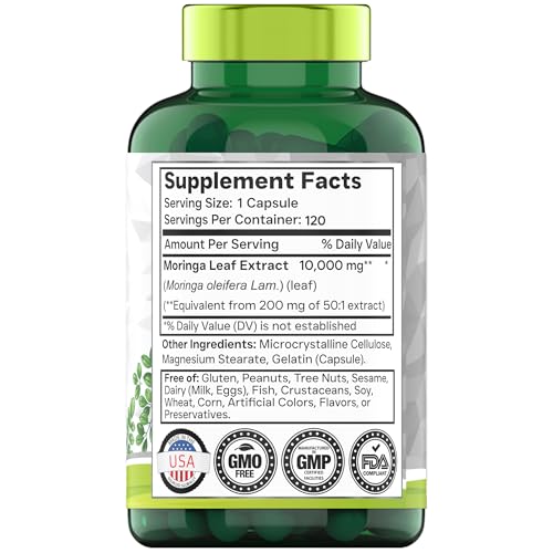 Moringa Capsules 10,000mg - 120 Capsules | Pure Moringa Oleifera Leaf Powder Supplement | Ultra Potent Green Superfood Powder Capsules | Super Greens Powder Pills | Non-GMO, Made in the USA!