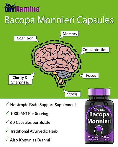 Bacopa Monnieri Capsules 1000 MG (60 Capsules) | Nootropic Brain Support Supplement* | Bacopa Leaf Extract Powder Pills | by TNVitamins