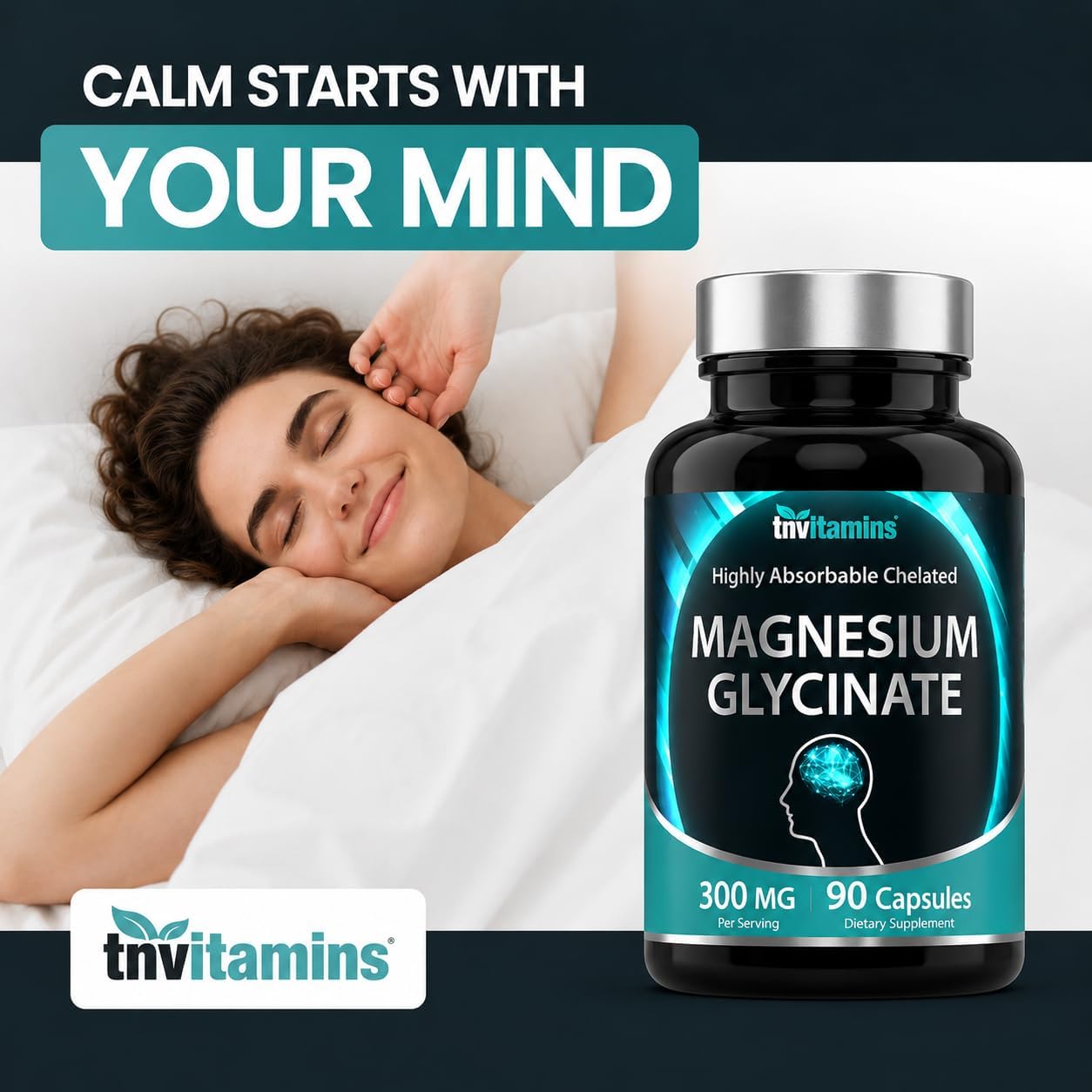 Magnesium Glycinate Capsules (300 MG Per Serving - 90 Count) | Pure Chelated Magnesium Bisglycinate Powder Supplement | Glicinato de Magnesio | for Sleep, Calm, Nerve, & Stress Support* | TNVitamins