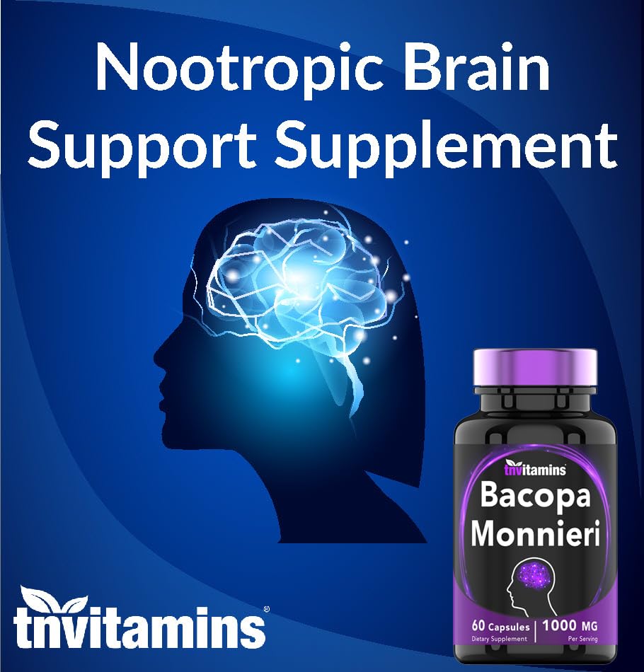 Bacopa Monnieri Capsules 1000 MG (60 Capsules) | Nootropic Brain Support Supplement* | Bacopa Leaf Extract Powder Pills | by TNVitamins