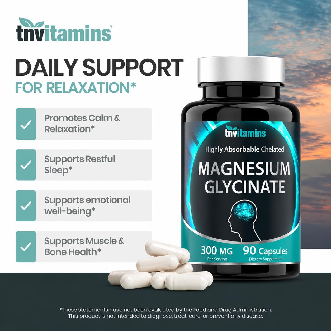 Magnesium Glycinate Capsules (300 MG Per Serving - 90 Count) | Pure Chelated Magnesium Bisglycinate Powder Supplement | Glicinato de Magnesio | for Sleep, Calm, Nerve, & Stress Support* | TNVitamins
