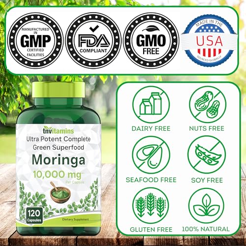 Moringa Capsules 10,000mg - 120 Capsules | Pure Moringa Oleifera Leaf Powder Supplement | Ultra Potent Green Superfood Powder Capsules | Super Greens Powder Pills | Non-GMO, Made in the USA!