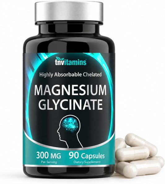 Magnesium Glycinate Capsules (300 MG Per Serving - 90 Count) | Pure Chelated Magnesium Bisglycinate Powder Supplement | Glicinato de Magnesio | for Sleep, Calm, Nerve, & Stress Support* | TNVitamins