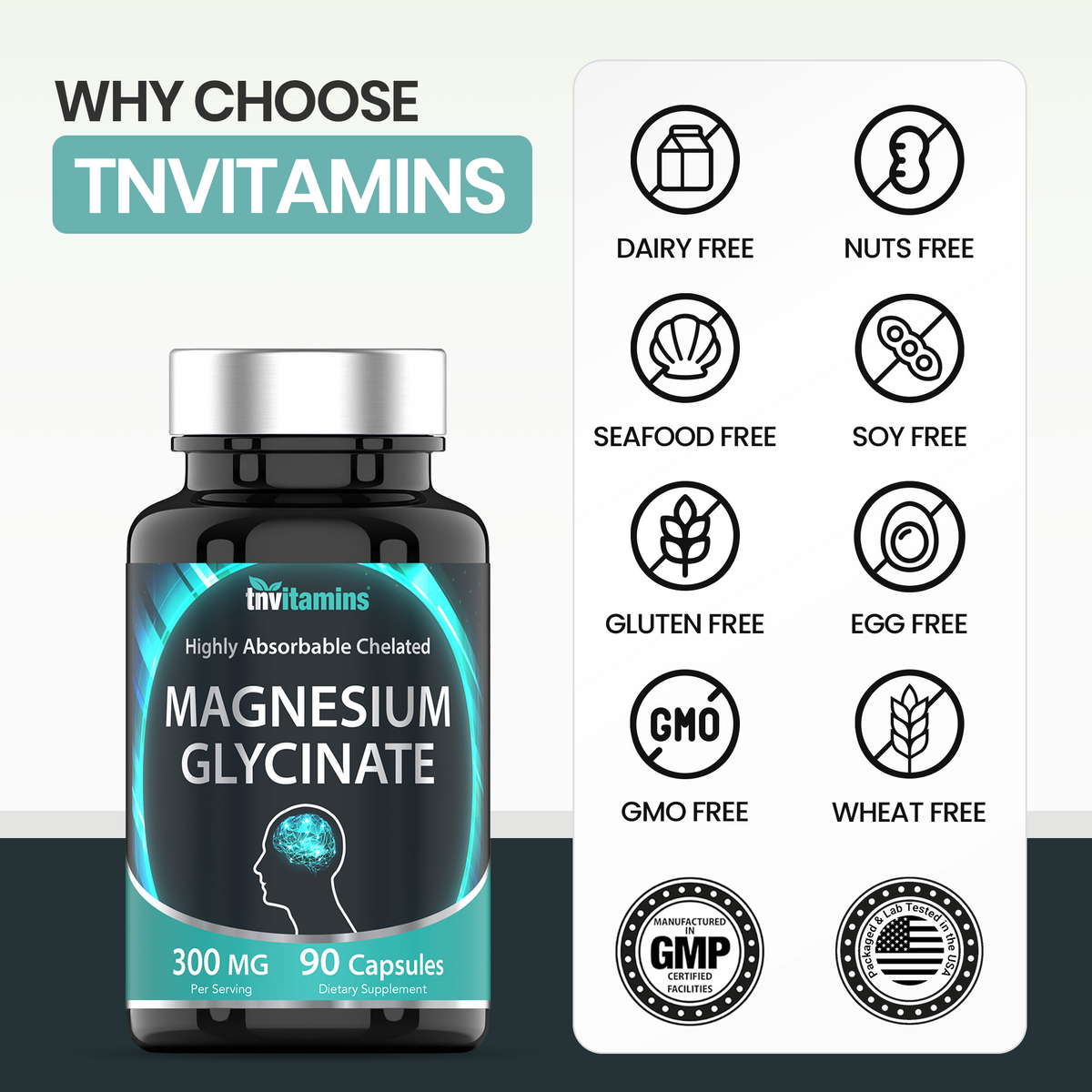 Magnesium Glycinate Capsules (300 MG Per Serving - 90 Count) | Pure Chelated Magnesium Bisglycinate Powder Supplement | Glicinato de Magnesio | for Sleep, Calm, Nerve, & Stress Support* | TNVitamins