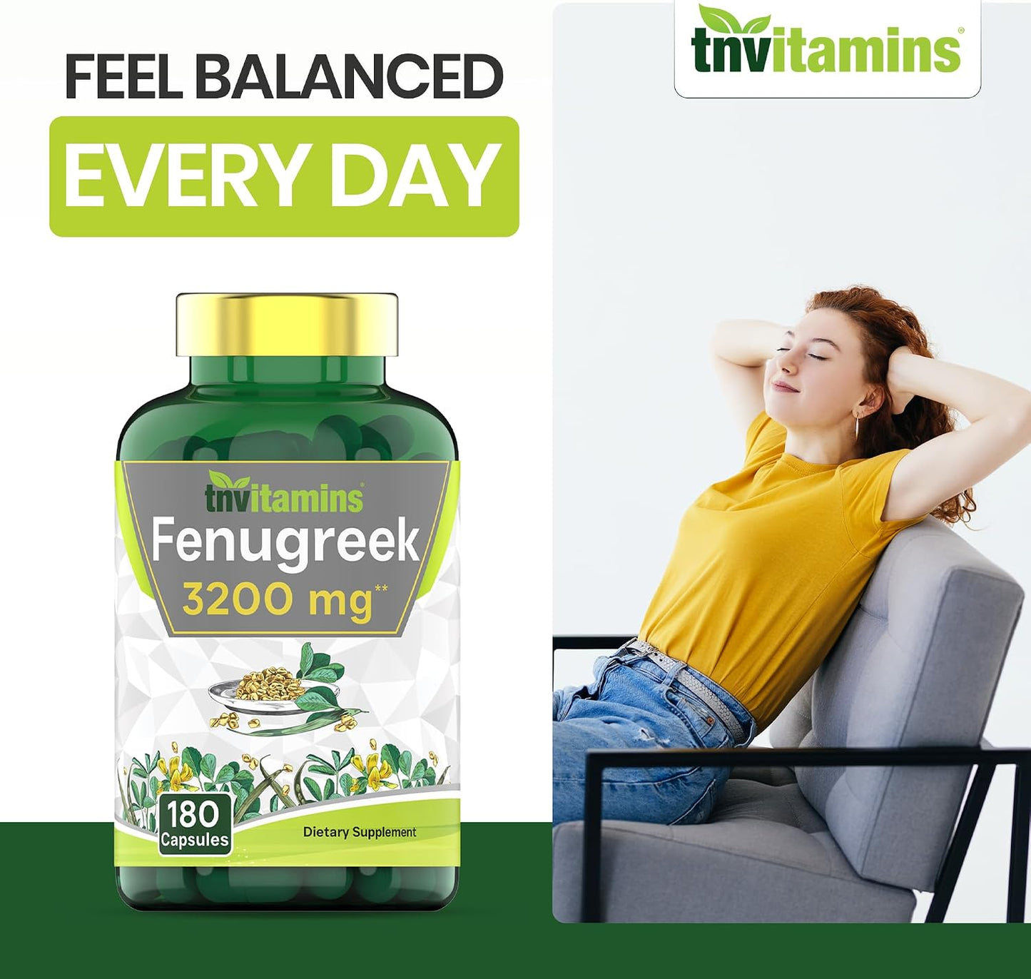 tnvitamins Fenugreek Capsules: 3200 mg - 180 Capsules | Fenugreek Supplement for Men & Women | Fenugreek Seed Powder Extract | Non-GMO | Made in The USA!