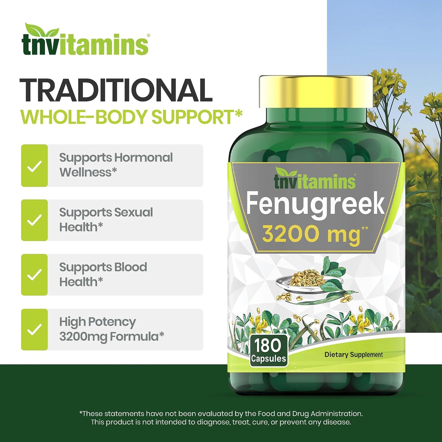 tnvitamins Fenugreek Capsules: 3200 mg - 180 Capsules | Fenugreek Supplement for Men & Women | Fenugreek Seed Powder Extract | Non-GMO | Made in The USA!