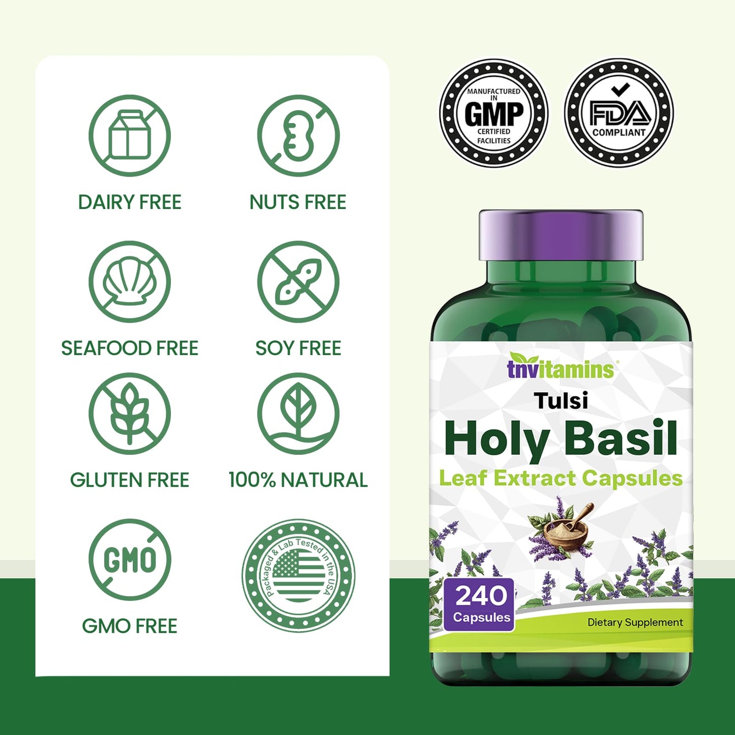 Tulsi Holy Basil Capsules (1600 MG  -  240 Capsules) | May Promote Stress & Frustration Relief* | Tulsi Holy Basil Leaf Powder Extract | Adaptogenic, & Ayurvedic Herb | TNVitamins