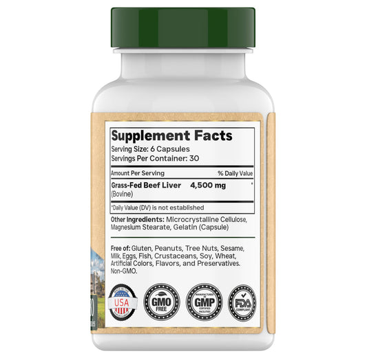 tnvitamins Grass Fed Beef Liver Capsules 4,500 mg per Serving – 180 Capsules | Desiccated, Freeze-Dried, Pasture-Raised Beef Liver Supplement | Natural Energy, Vitality & Immune Support | Made in USA