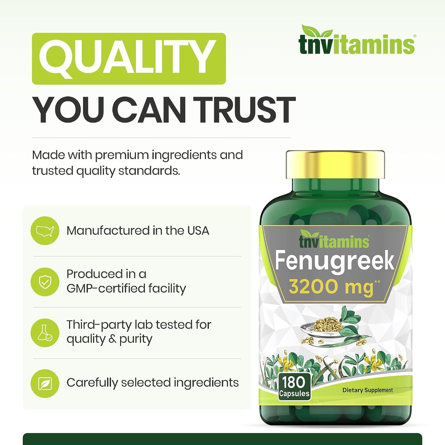 tnvitamins Fenugreek Capsules: 3200 mg - 180 Capsules | Fenugreek Supplement for Men & Women | Fenugreek Seed Powder Extract | Non-GMO | Made in The USA!