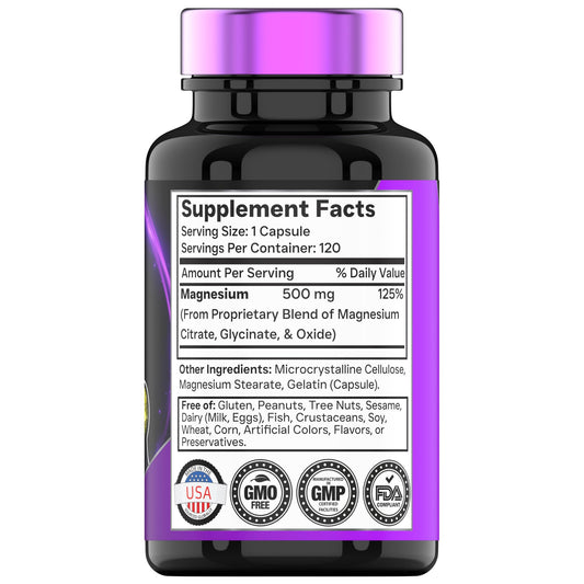 Triple Magnesium Complex Supplement 500mg: Magnesium Glycinate, Citrate, & Oxide - 120 Capsules (4 Month Supply!) | 1 Capsule Serving Provides 125% Daily Value | Non-GMO, Made in The USA!