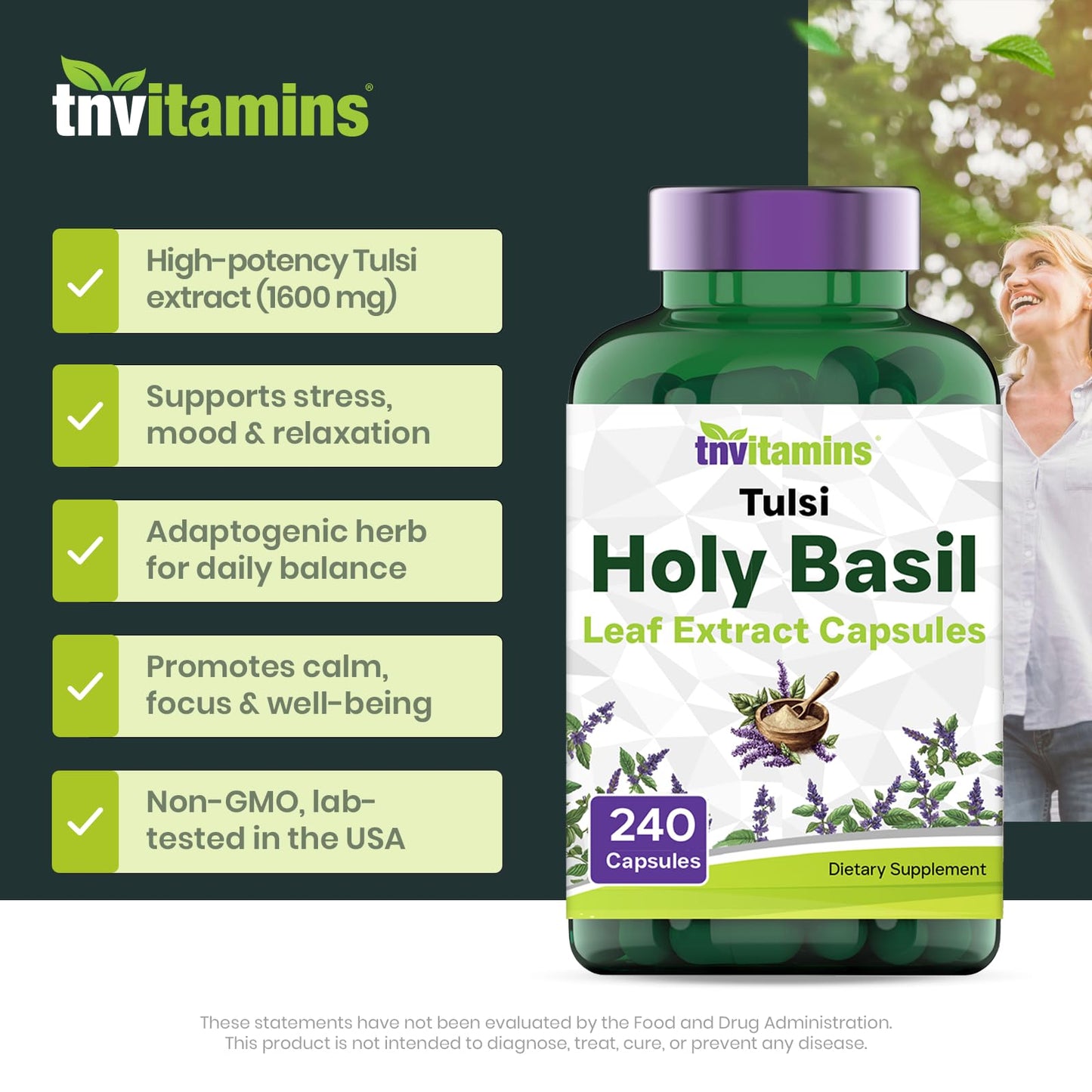 Tulsi Holy Basil Capsules (1600 MG  -  240 Capsules) | May Promote Stress & Frustration Relief* | Tulsi Holy Basil Leaf Powder Extract | Adaptogenic, & Ayurvedic Herb | TNVitamins