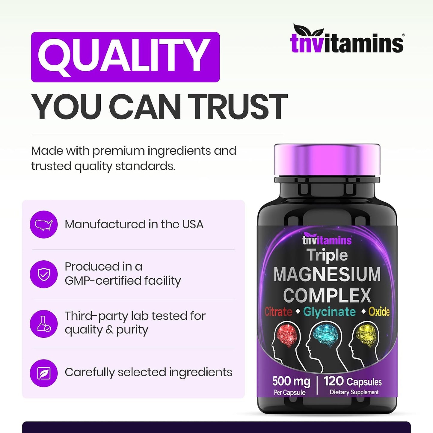 Triple Magnesium Complex Supplement 500mg: Magnesium Glycinate, Citrate, & Oxide - 120 Capsules (4 Month Supply!) | 1 Capsule Serving Provides 125% Daily Value | Non-GMO, Made in The USA!