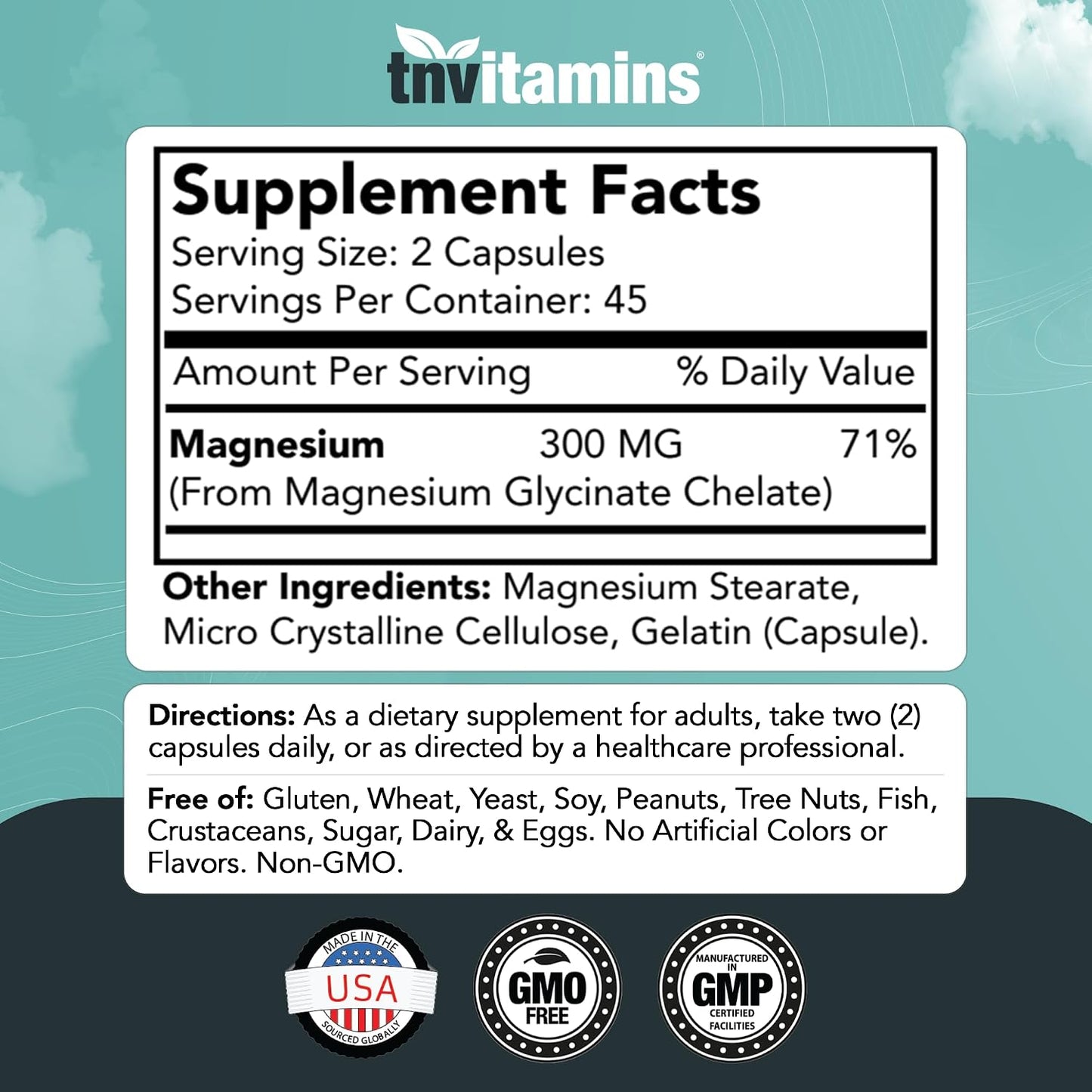 Magnesium Glycinate Capsules (300 MG Per Serving - 90 Count) | Pure Chelated Magnesium Bisglycinate Powder Supplement | Glicinato de Magnesio | for Sleep, Calm, Nerve, & Stress Support* | TNVitamins