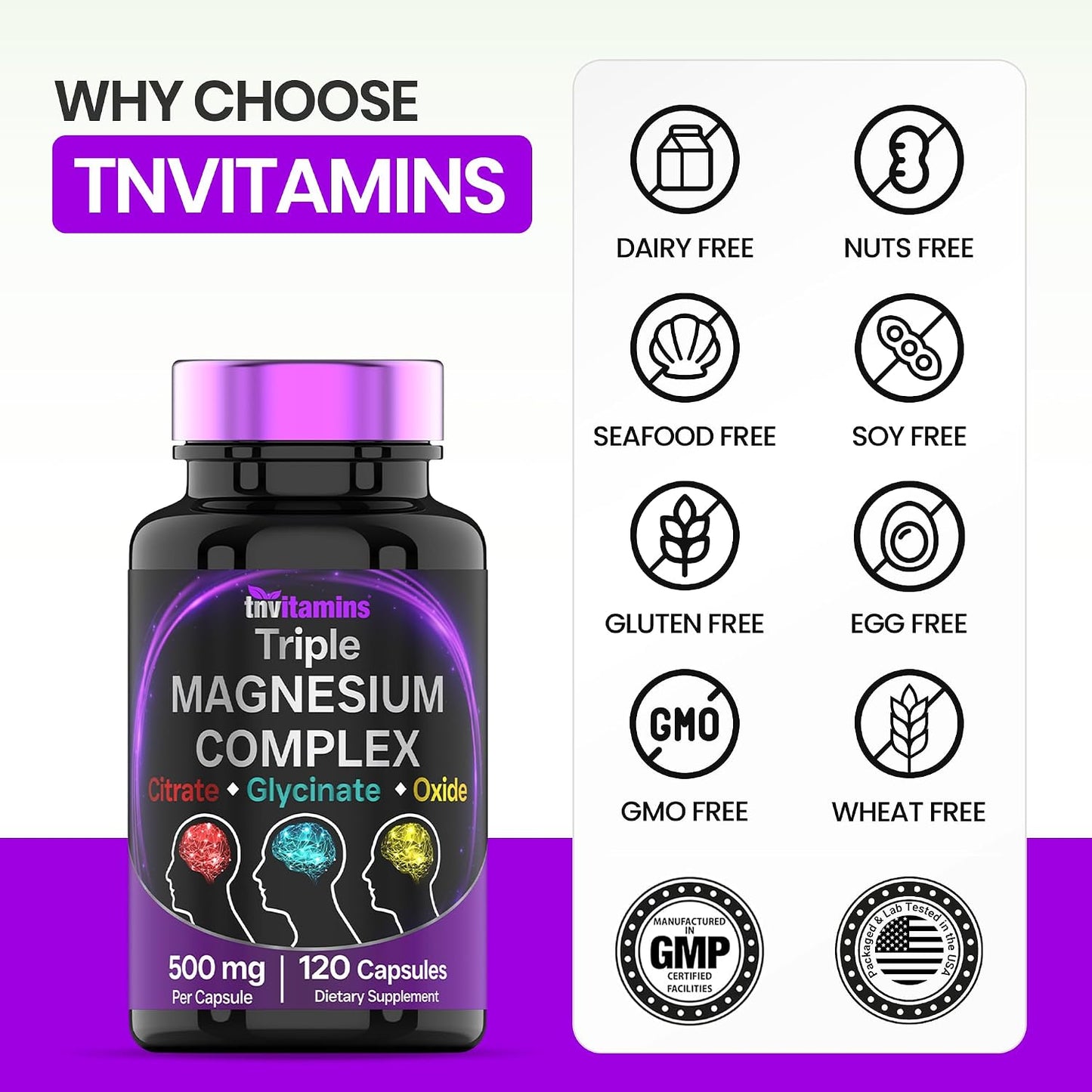 Triple Magnesium Complex Supplement 500mg: Magnesium Glycinate, Citrate, & Oxide - 120 Capsules (4 Month Supply!) | 1 Capsule Serving Provides 125% Daily Value | Non-GMO, Made in The USA!
