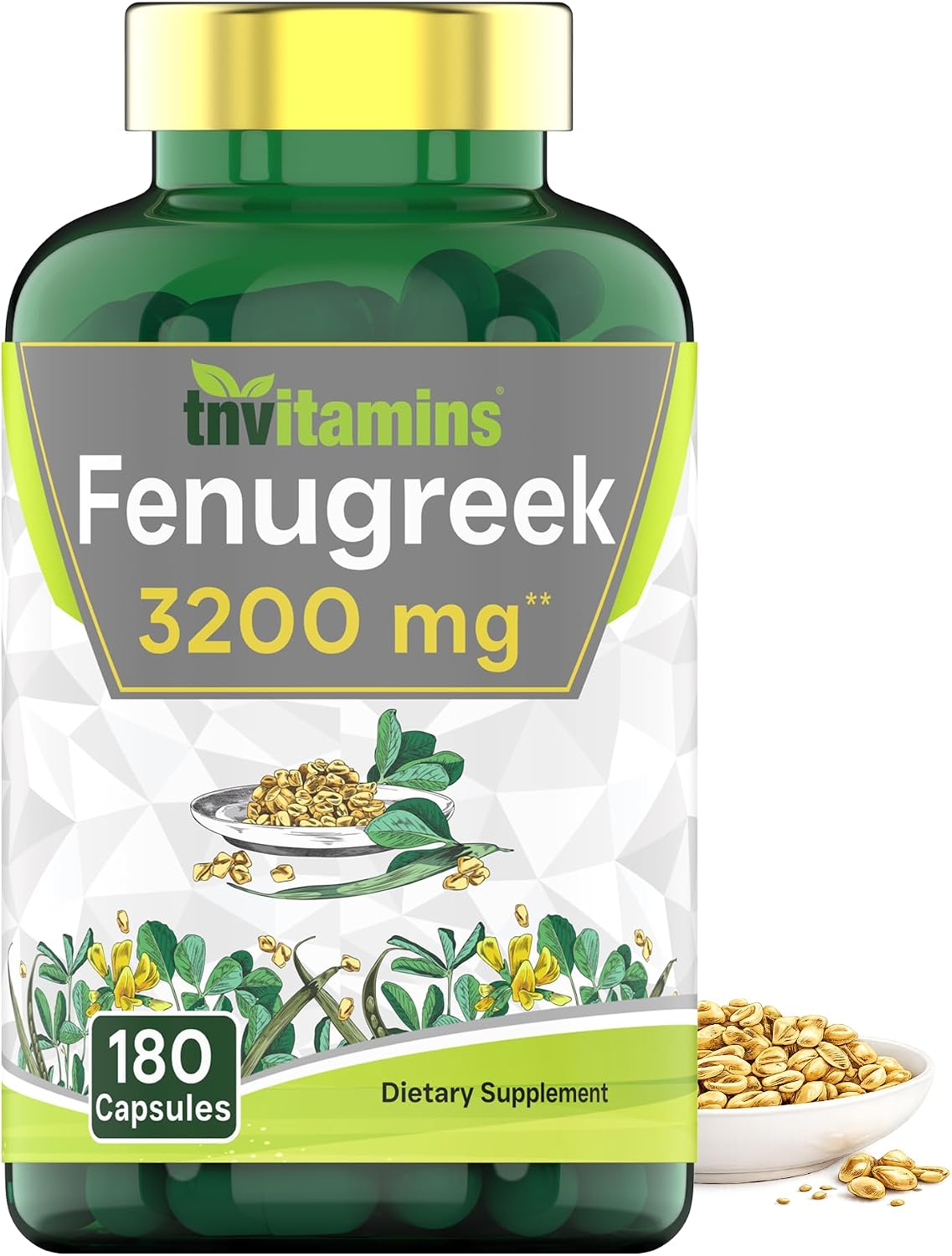 tnvitamins Fenugreek Capsules: 3200 mg - 180 Capsules | Fenugreek Supplement for Men & Women | Fenugreek Seed Powder Extract | Non-GMO | Made in The USA!