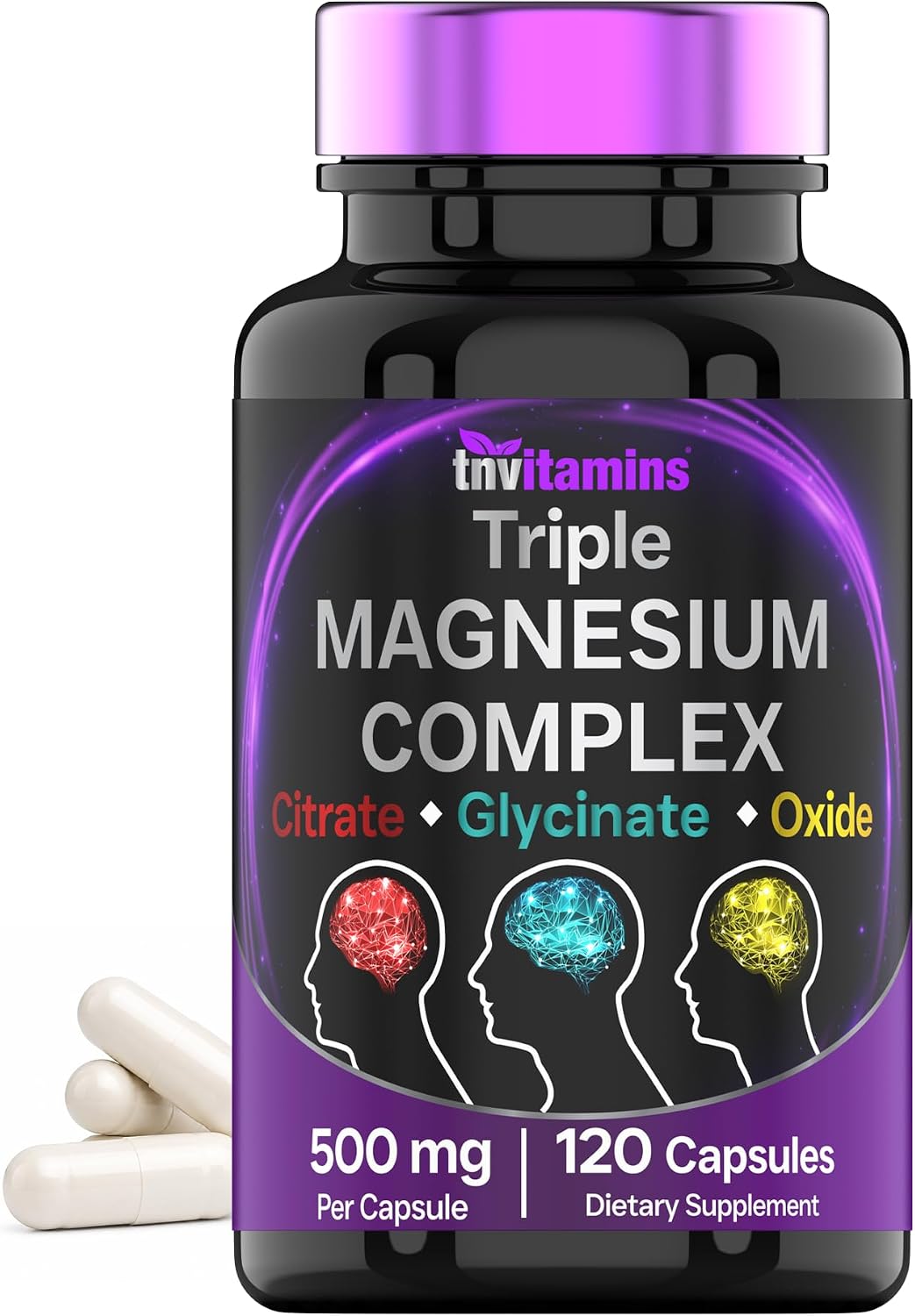 Triple Magnesium Complex Supplement 500mg: Magnesium Glycinate, Citrate, & Oxide - 120 Capsules (4 Month Supply!) | 1 Capsule Serving Provides 125% Daily Value | Non-GMO, Made in The USA!