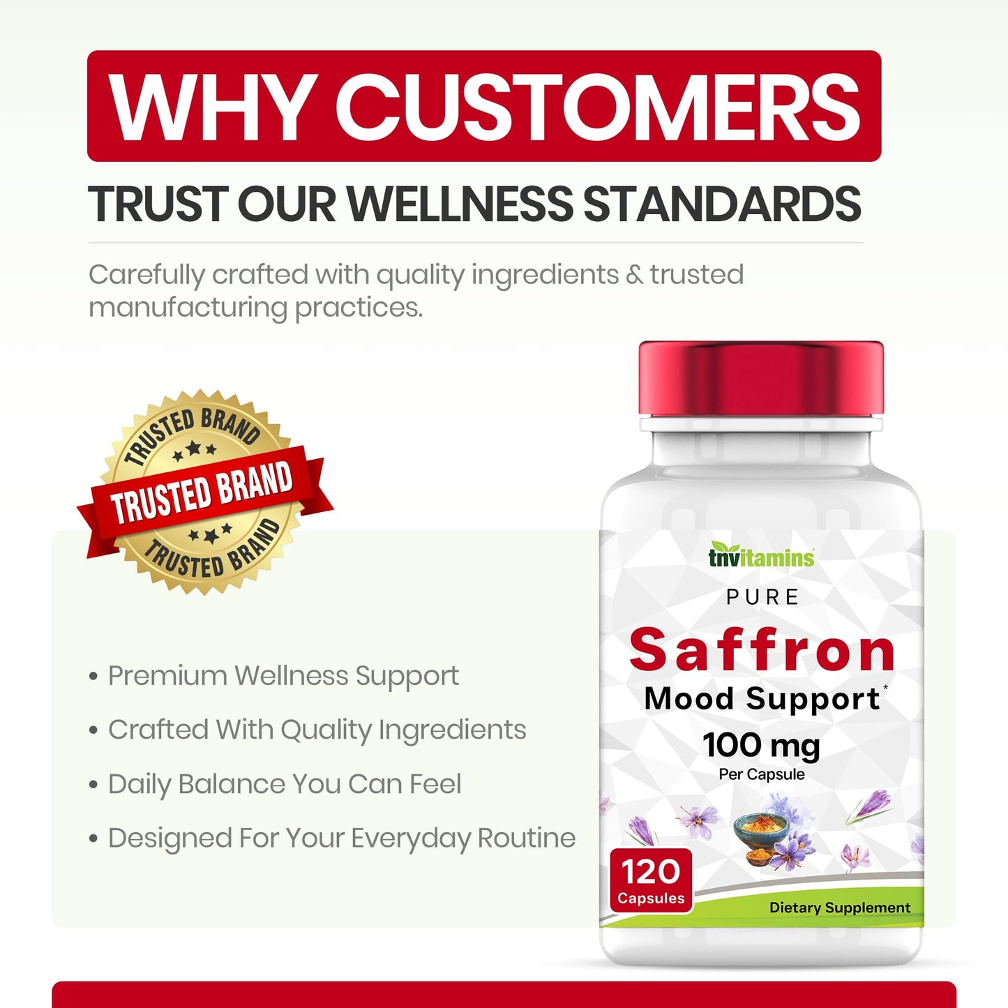 Saffron Capsules 100 mg, 120 Capsules | High Potency Saffron Supplement from Real Saffron Threads | Mood & Emotional Support* | Natural Appetite Support*, Made in USA
