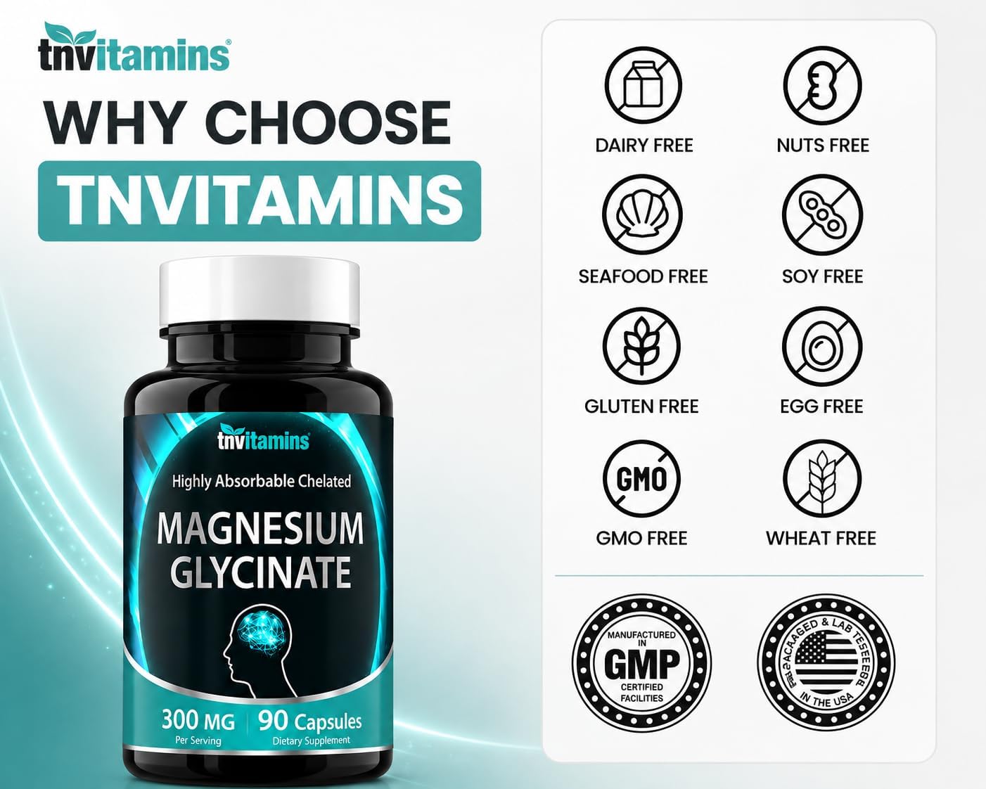 Magnesium Glycinate Capsules (300 MG Per Serving - 90 Count) | Pure Chelated Magnesium Bisglycinate Powder Supplement | Glicinato de Magnesio | for Sleep, Calm, Nerve, & Stress Support* | TNVitamins