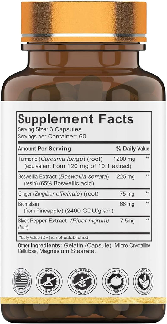 tnvitamins Turmeric & Boswellia Complex (180 Capsules) with Ginger Root , Bromelain, & Black Pepper Extract | Joint-Ease Formula: Powerful Joint Support Supplement* | Produced in The USA