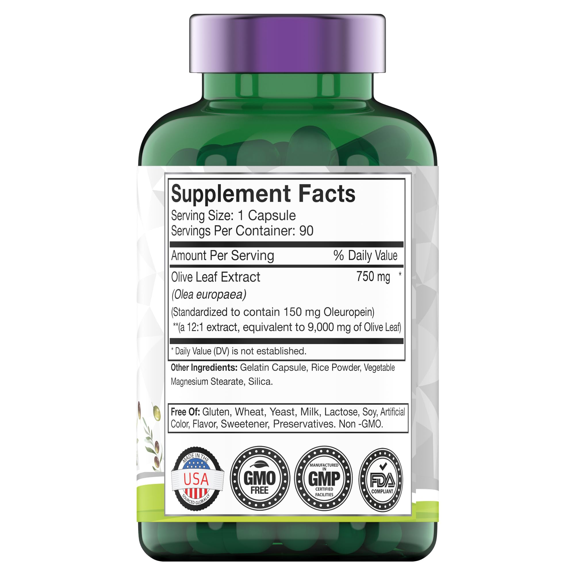 tnvitamins Olive Leaf Extract Capsules 9000 MG (90 Capsules) | Standar