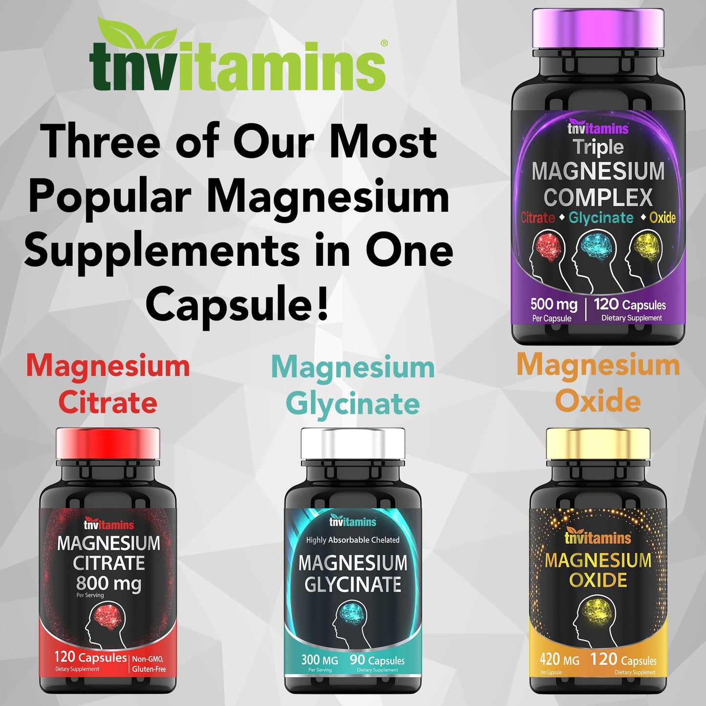 Triple Magnesium Complex Supplement 500mg: Magnesium Glycinate, Citrate, & Oxide - 120 Capsules (4 Month Supply!) | 1 Capsule Serving Provides 125% Daily Value | Non-GMO, Made in The USA!