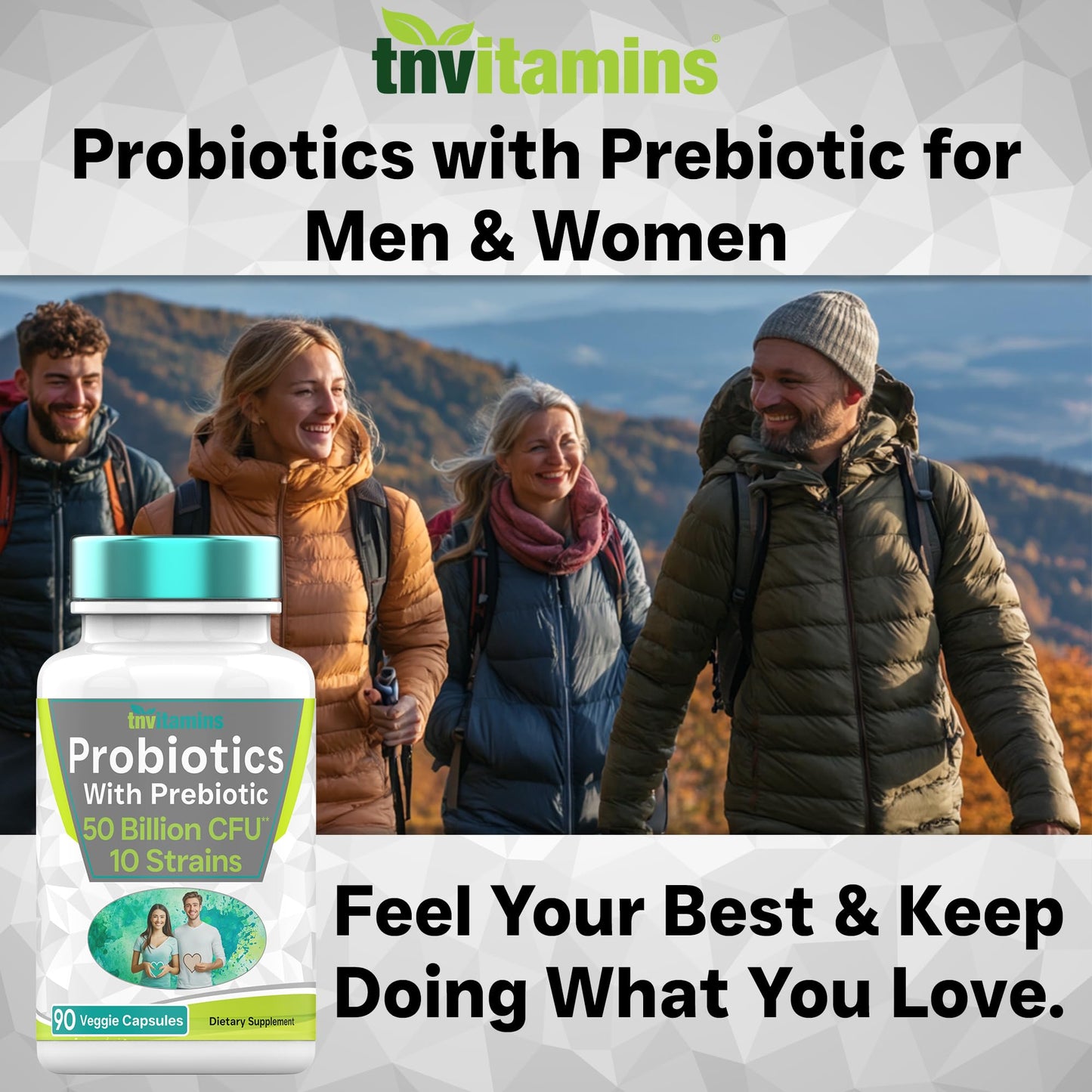 tnvitamins Probiotics with Prebiotic: 50 Billion CFU - 10 Strain - 90 Vegetarian Capsules | with Acidophilus Probiotic for Digestive Health, Gut Health, & Immune Support* | for Men & Women