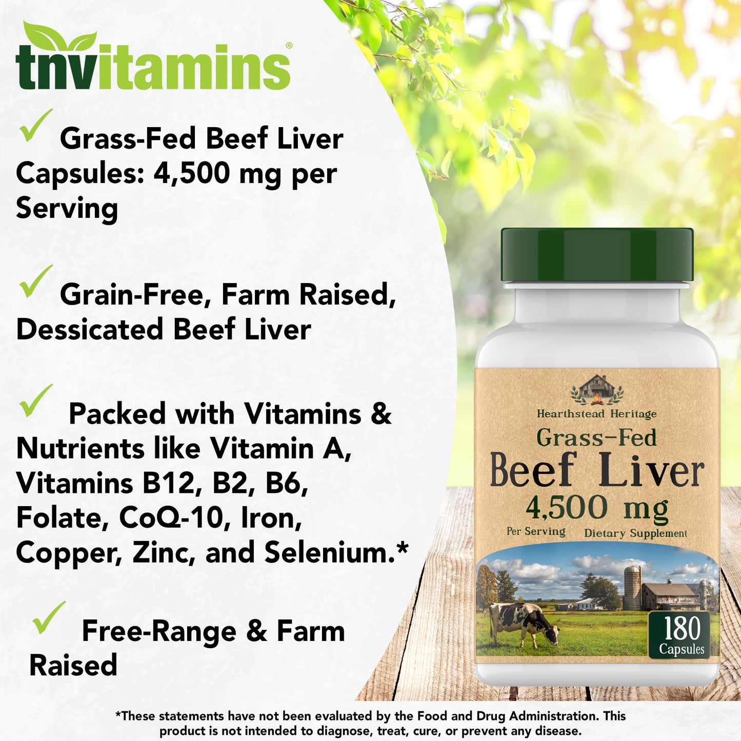 tnvitamins Grass Fed Beef Liver Capsules 4,500 mg per Serving – 180 Capsules | Desiccated, Freeze-Dried, Pasture-Raised Beef Liver Supplement | Natural Energy, Vitality & Immune Support | Made in USA
