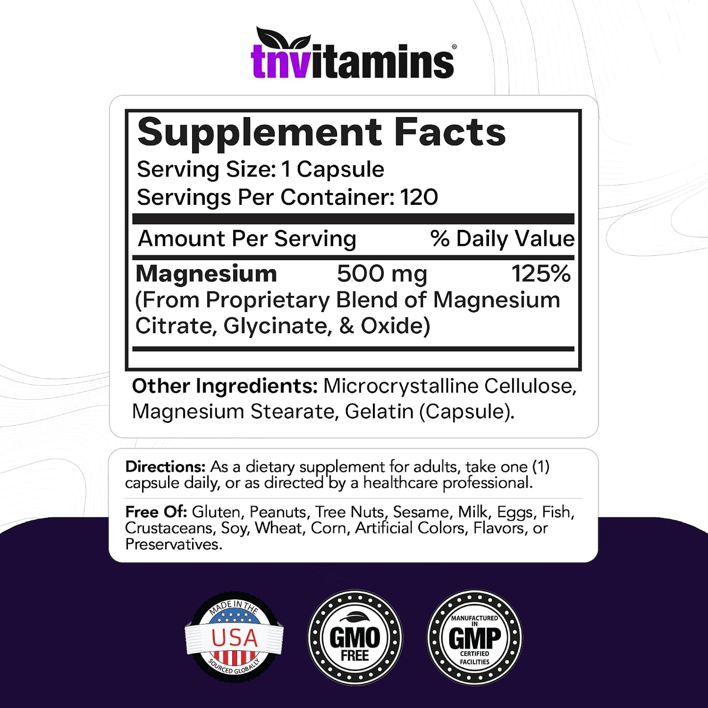 Triple Magnesium Complex Supplement 500mg: Magnesium Glycinate, Citrate, & Oxide - 120 Capsules (4 Month Supply!) | 1 Capsule Serving Provides 125% Daily Value | Non-GMO, Made in The USA!