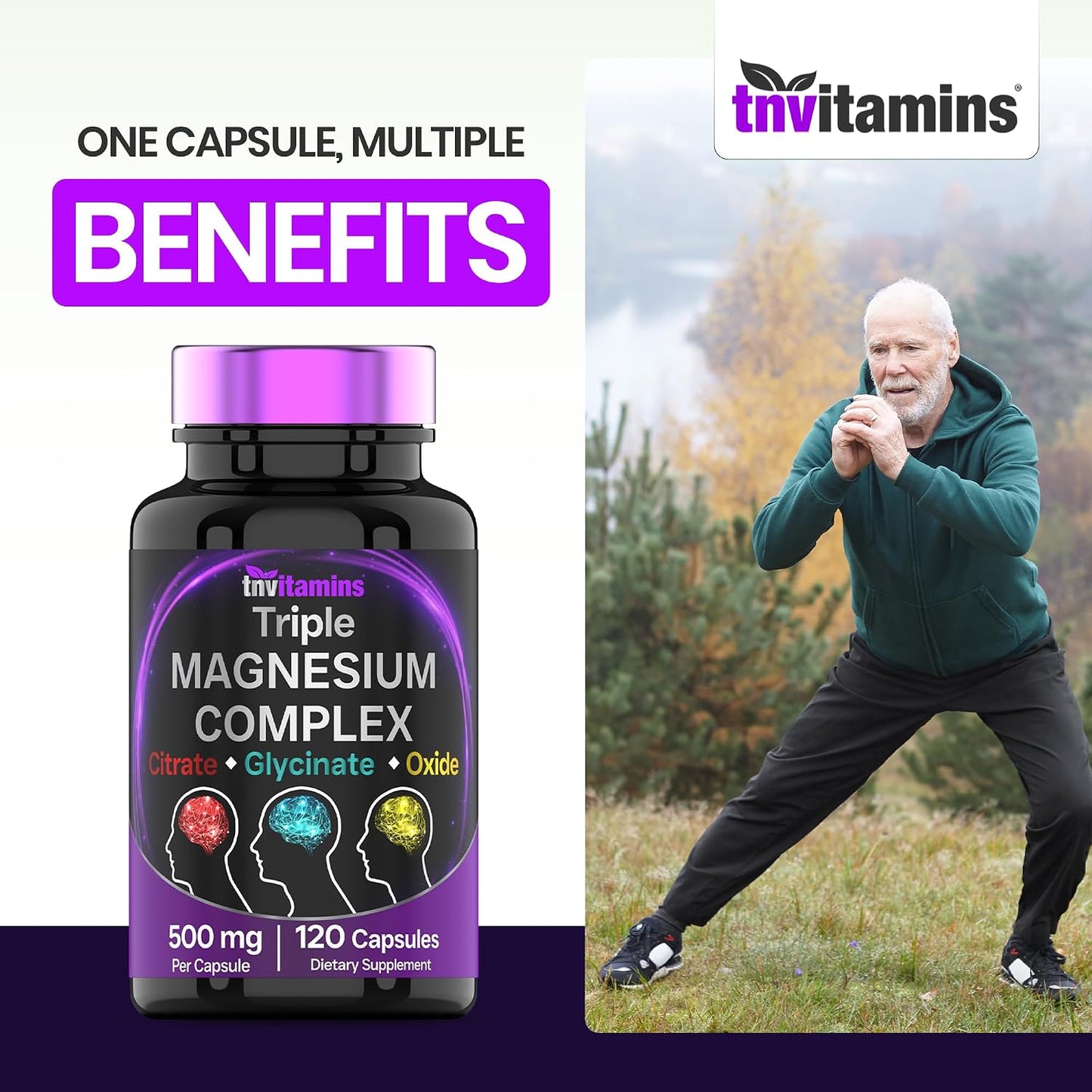 Triple Magnesium Complex Supplement 500mg: Magnesium Glycinate, Citrate, & Oxide - 120 Capsules (4 Month Supply!) | 1 Capsule Serving Provides 125% Daily Value | Non-GMO, Made in The USA!