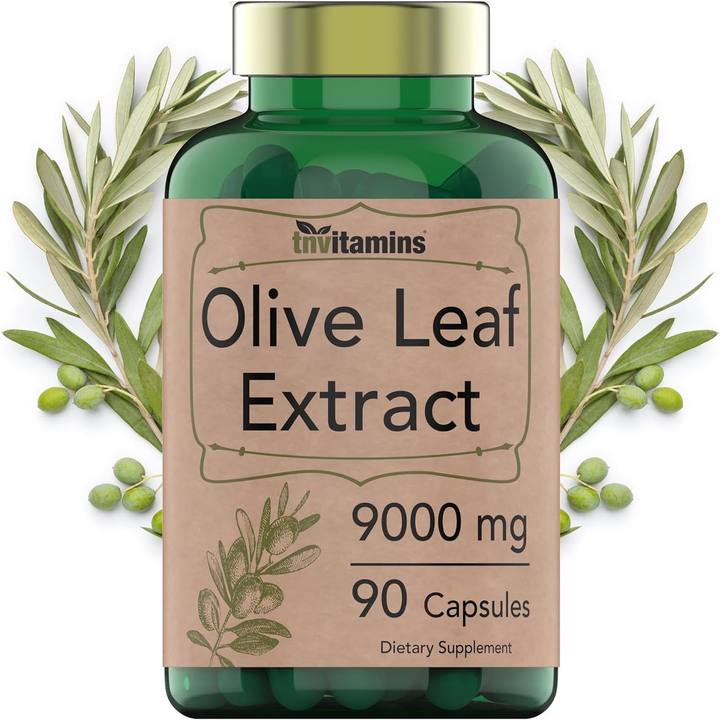 tnvitamins Olive Leaf Extract Capsules 9000 MG (90 Capsules) | Standardized to Contain 150 mg Oleuropein | Antioxidant with Polyphenols | Non-GMO. Produced & Lab-Tested in The USA