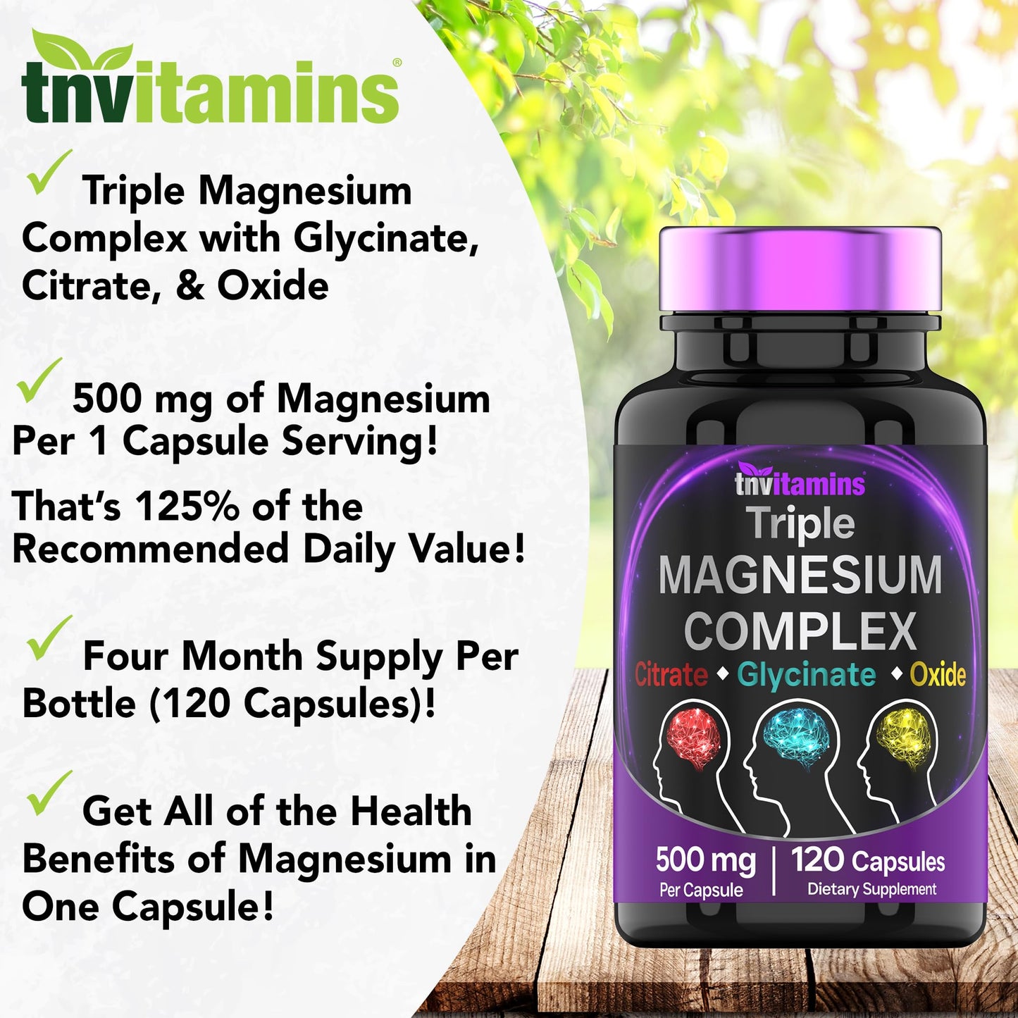 Triple Magnesium Complex Supplement 500mg: Magnesium Glycinate, Citrate, & Oxide - 120 Capsules (4 Month Supply!) | 1 Capsule Serving Provides 125% Daily Value | Non-GMO, Made in The USA!