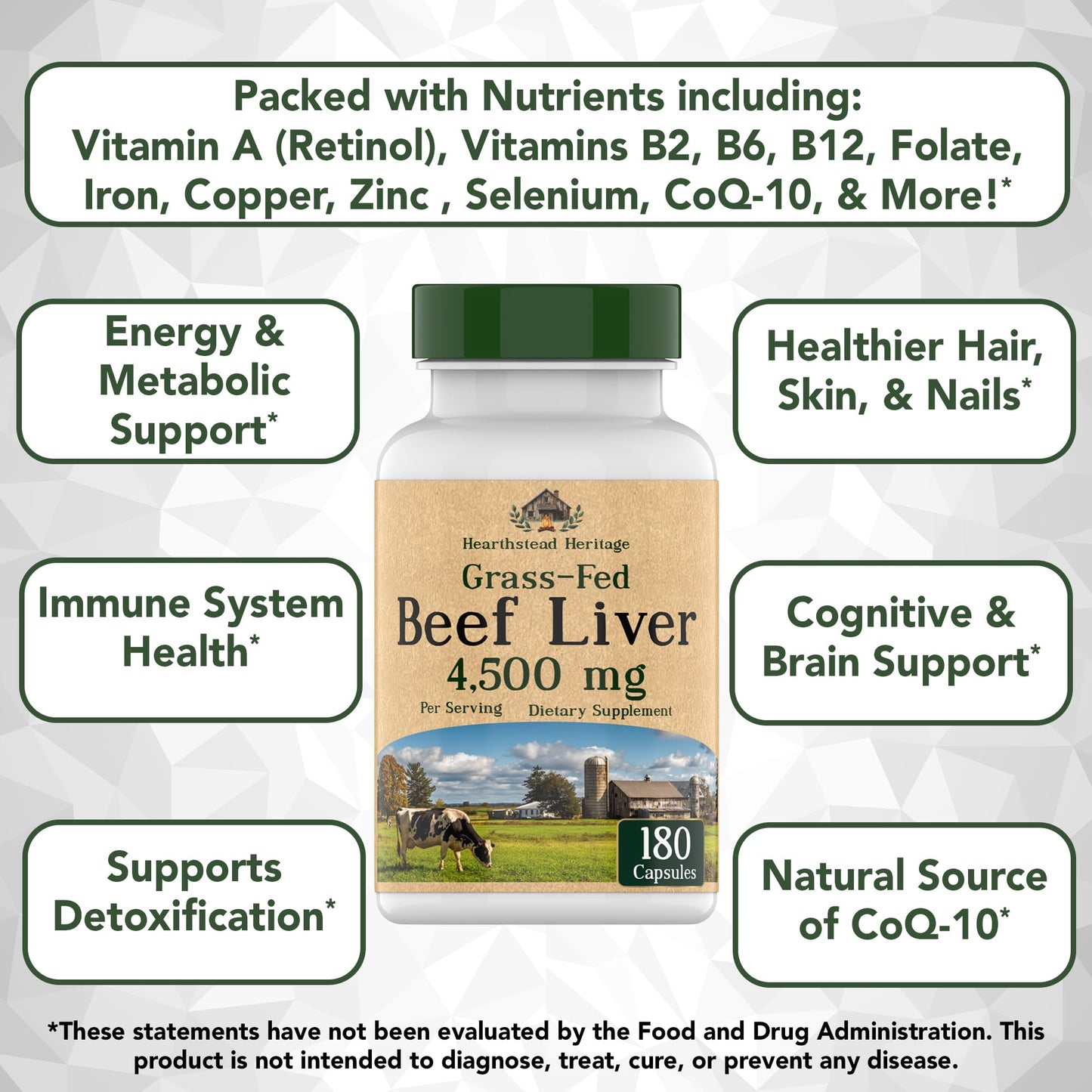 tnvitamins Grass Fed Beef Liver Capsules 4,500 mg per Serving – 180 Capsules | Desiccated, Freeze-Dried, Pasture-Raised Beef Liver Supplement | Natural Energy, Vitality & Immune Support | Made in USA