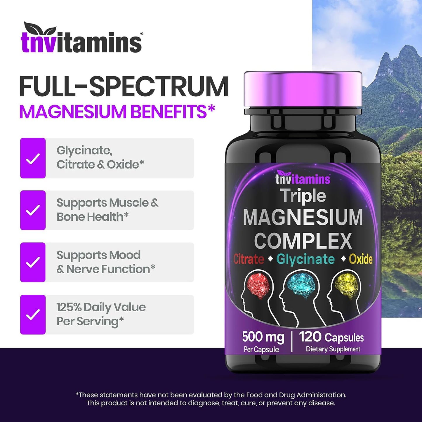 Triple Magnesium Complex Supplement 500mg: Magnesium Glycinate, Citrate, & Oxide - 120 Capsules (4 Month Supply!) | 1 Capsule Serving Provides 125% Daily Value | Non-GMO, Made in The USA!