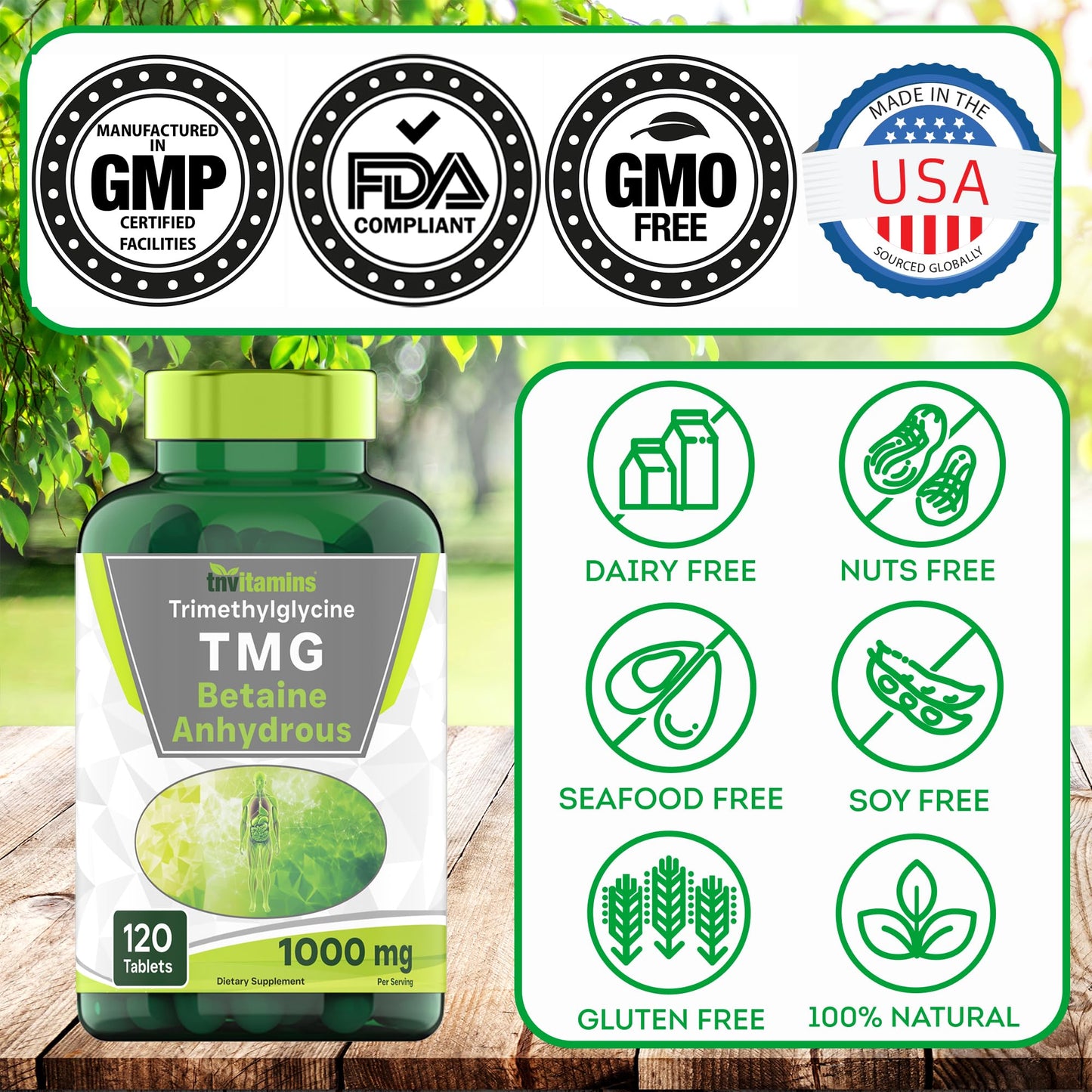 tnvitamins TMG Supplement 1000mg (Betaine Anhydrous) 120 Tablets | Better Than Betaine HCL* | Homocysteine Support* | Trimethylglycine | Non-GMO, Made in The USA!