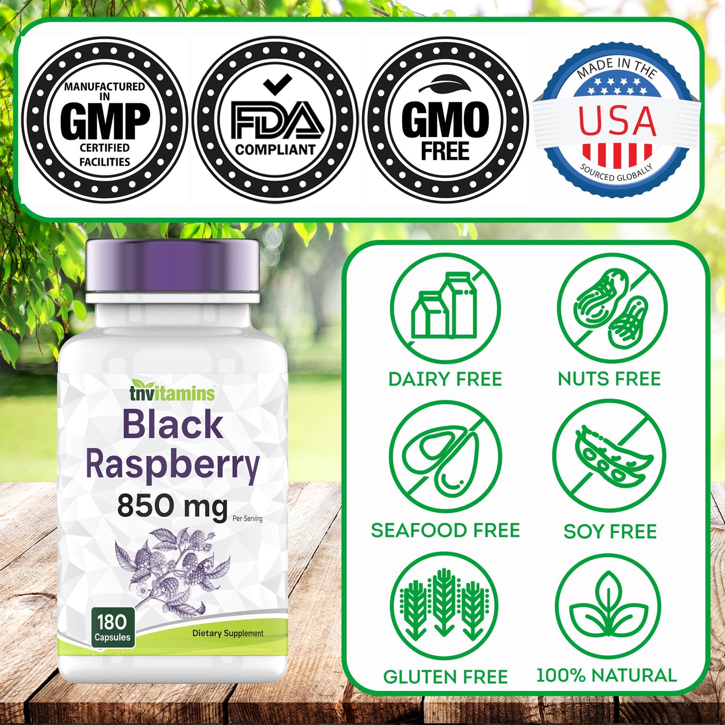 tnvitamins Black Raspberry Capsules 850mg Per Serving - 180 Capsules - 3 Month Supply! Powerful Antioxidant | May Support Your Cardiovascular & Immune Systems