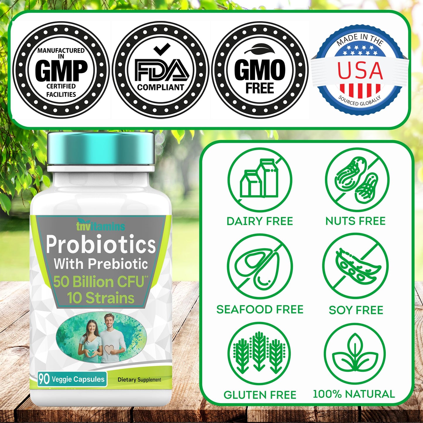 tnvitamins Probiotics with Prebiotic: 50 Billion CFU - 10 Strain - 90 Vegetarian Capsules | with Acidophilus Probiotic for Digestive Health, Gut Health, & Immune Support* | for Men & Women