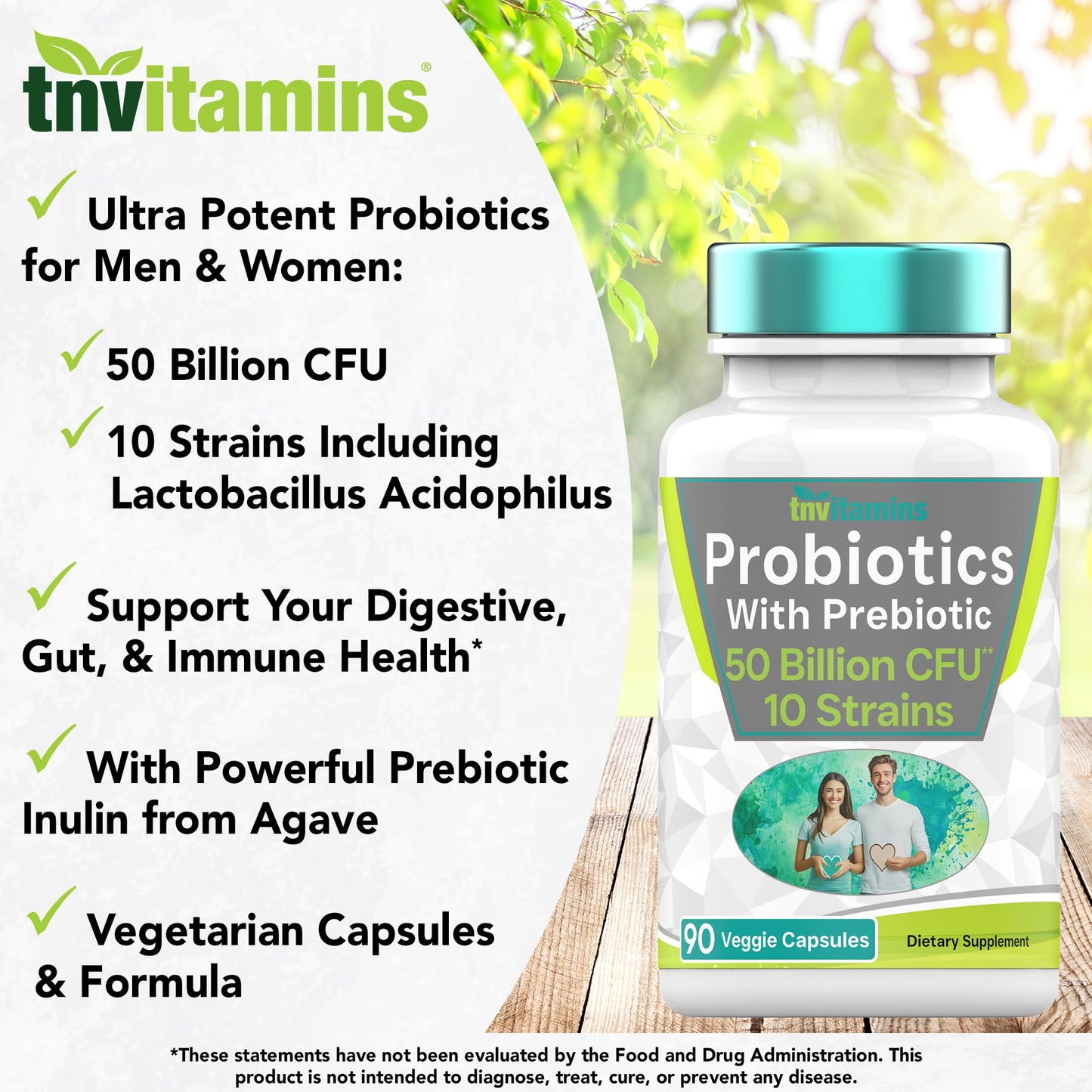 tnvitamins Probiotics with Prebiotic: 50 Billion CFU - 10 Strain - 90 Vegetarian Capsules | with Acidophilus Probiotic for Digestive Health, Gut Health, & Immune Support* | for Men & Women