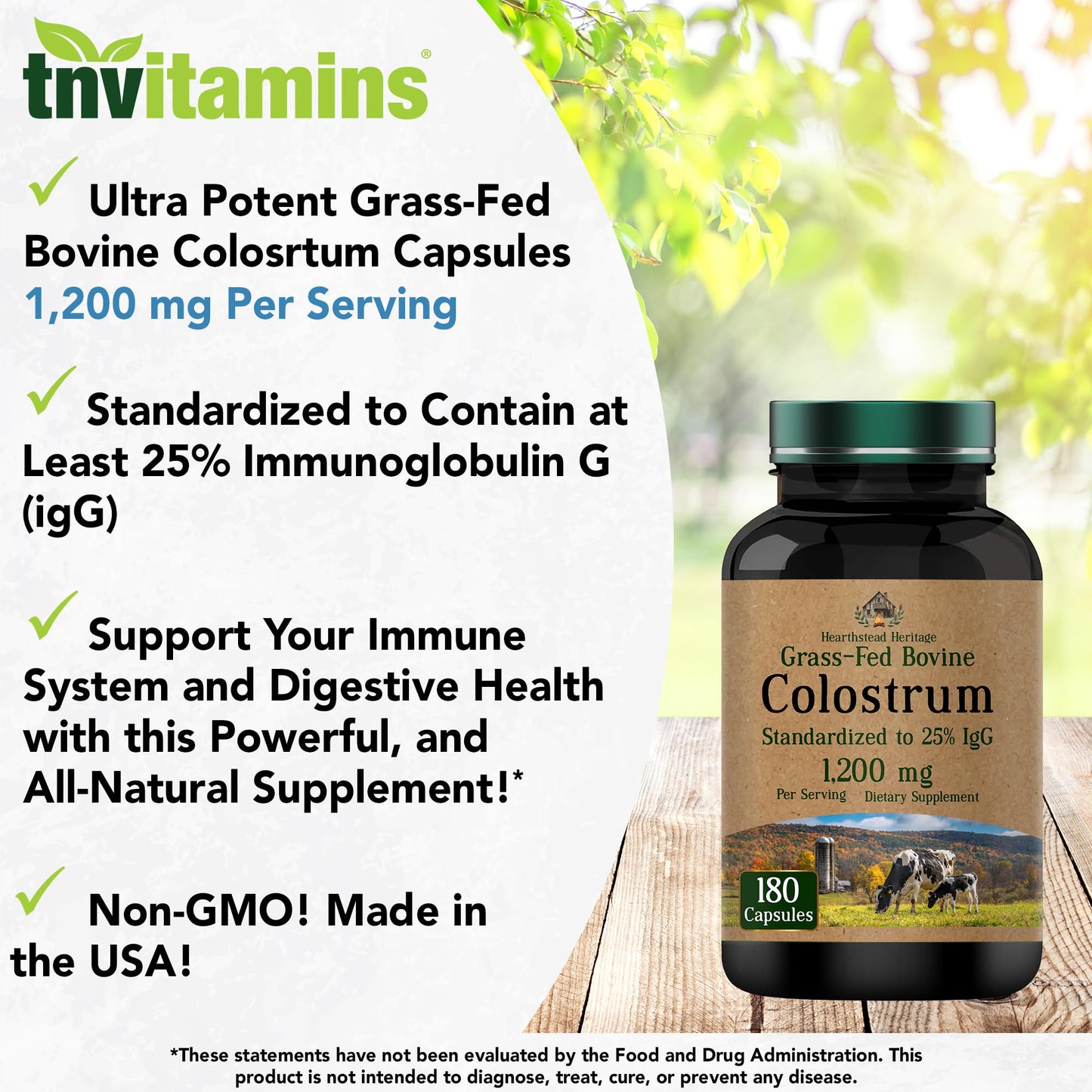 Colostrum Supplement 1,200 mg Per Serving, 180 Capsules | Standardized to 25% IgG (Immunoglobulin G) | Grass-Fed Bovine Colostrum Powder Caps | Immune Support Supplement | Non-GMO, Made in the USA!