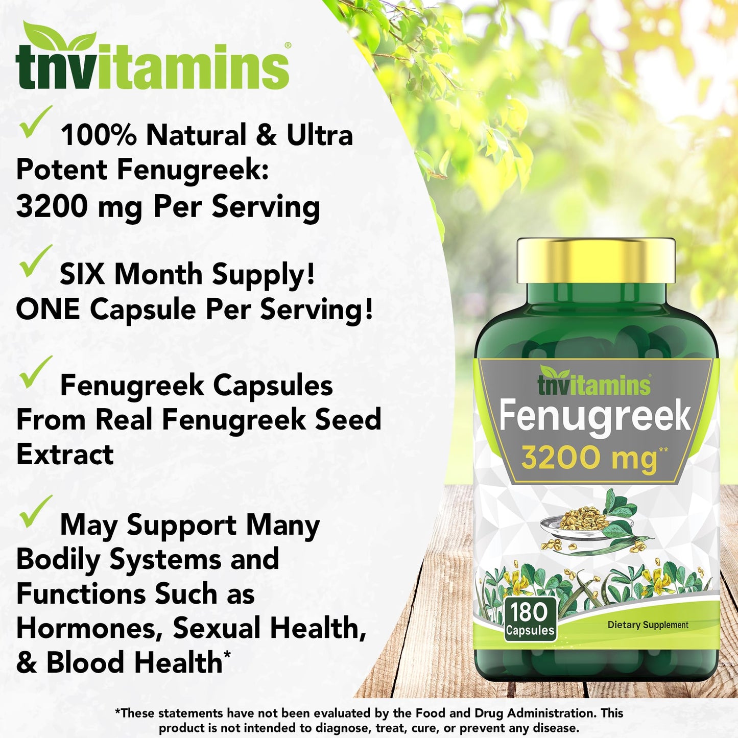 tnvitamins Fenugreek Capsules: 3200 mg - 180 Capsules | Fenugreek Supplement for Men & Women | Fenugreek Seed Powder Extract | Non-GMO | Made in The USA!