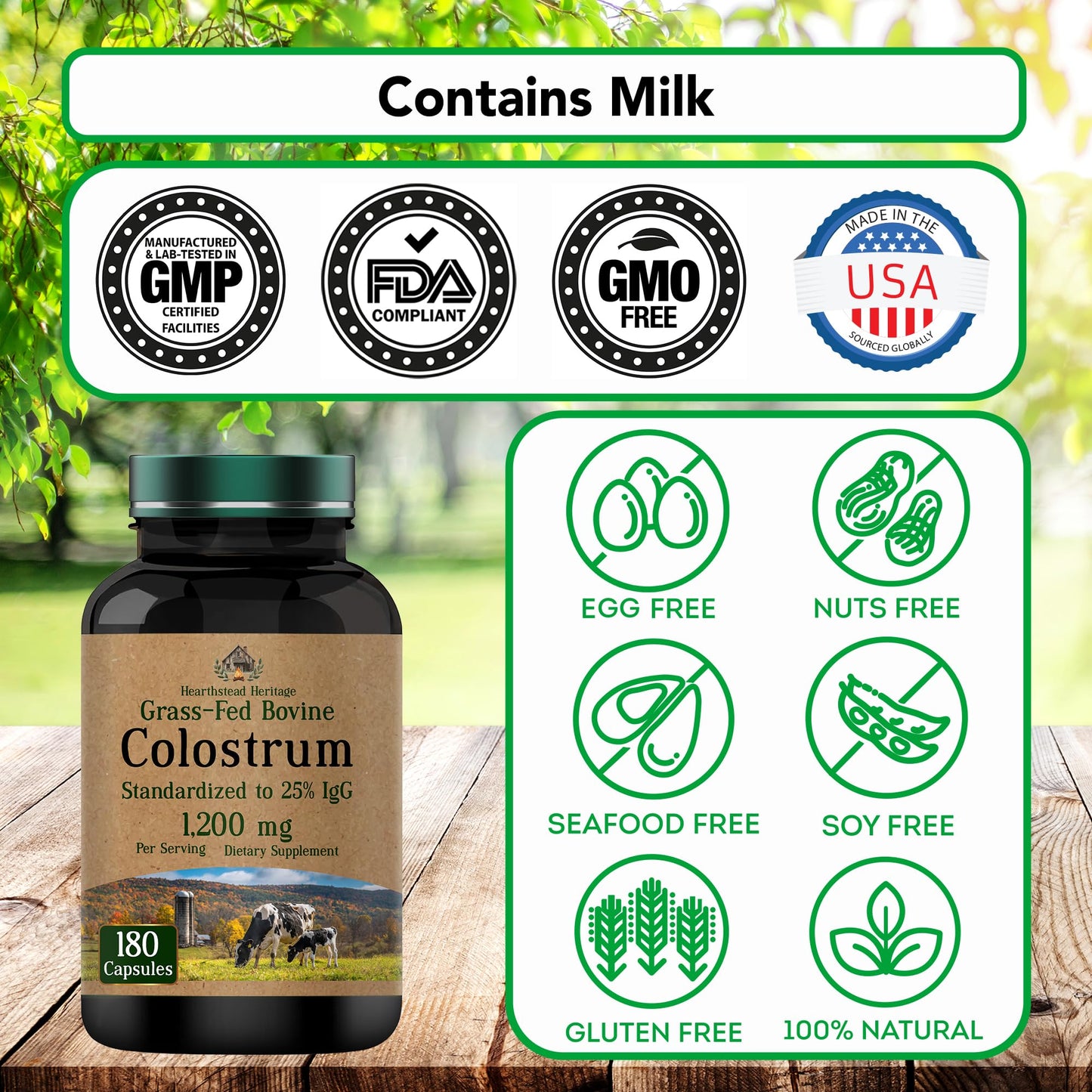 Colostrum Supplement 1,200 mg Per Serving, 180 Capsules | Standardized to 25% IgG (Immunoglobulin G) | Grass-Fed Bovine Colostrum Powder Caps | Immune Support Supplement | Non-GMO, Made in the USA!