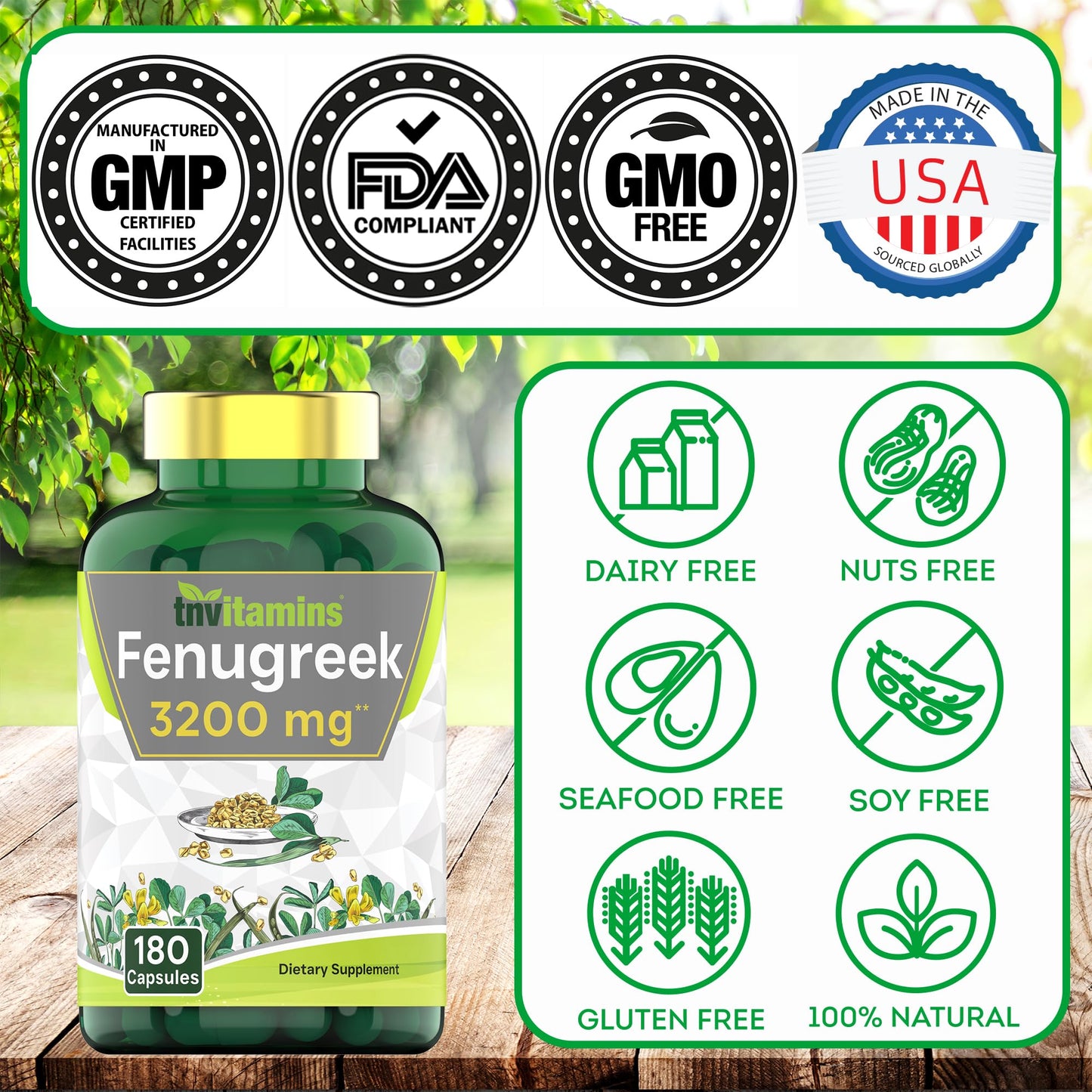 tnvitamins Fenugreek Capsules: 3200 mg - 180 Capsules | Fenugreek Supplement for Men & Women | Fenugreek Seed Powder Extract | Non-GMO | Made in The USA!