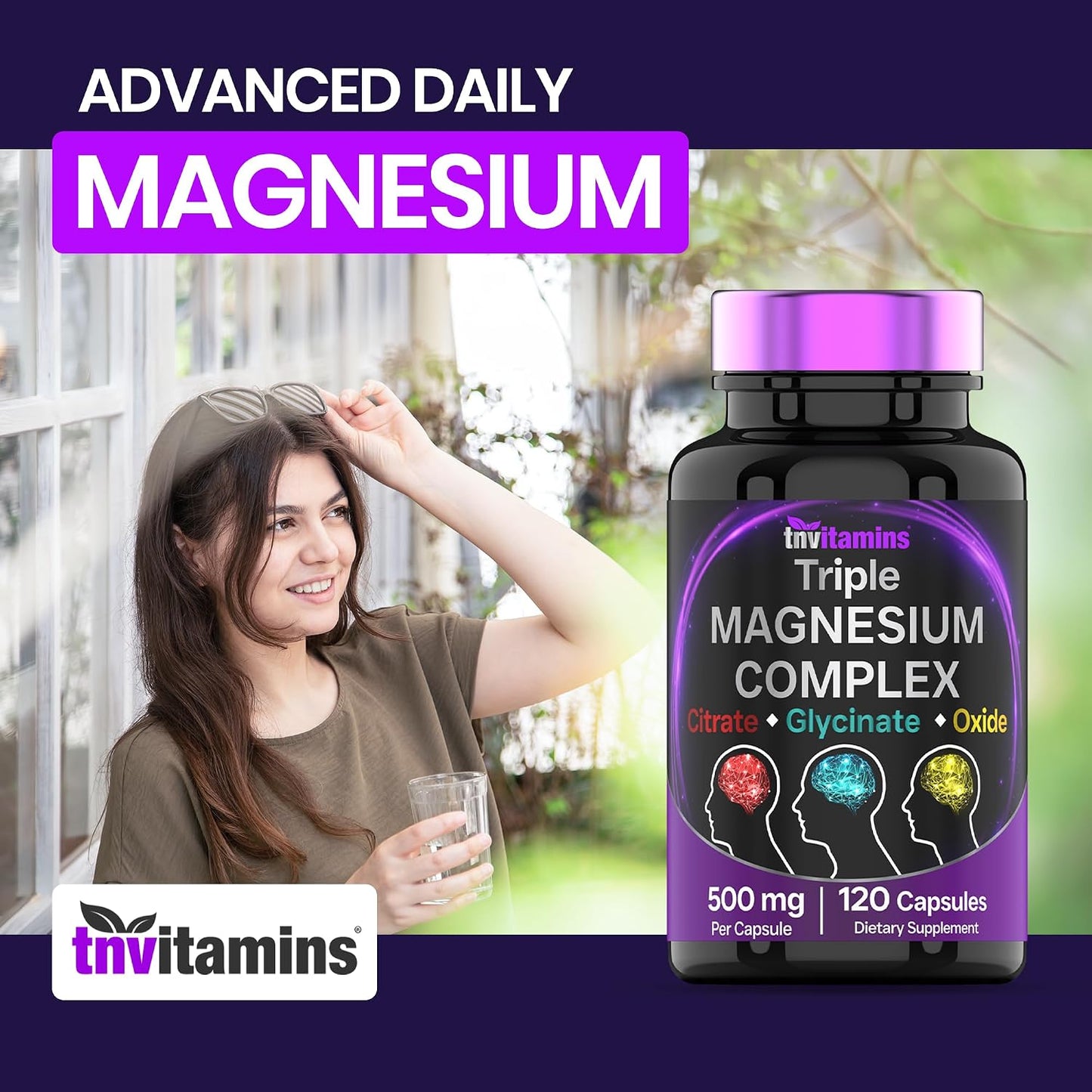 Triple Magnesium Complex Supplement 500mg: Magnesium Glycinate, Citrate, & Oxide - 120 Capsules (4 Month Supply!) | 1 Capsule Serving Provides 125% Daily Value | Non-GMO, Made in The USA!