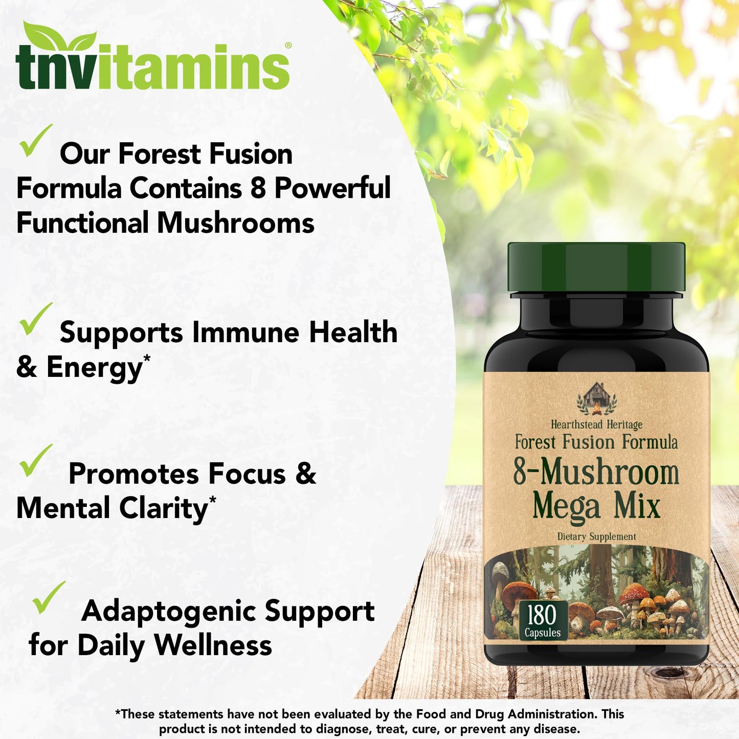 8 Mushroom Complex - 180 Capsules - Lion’s Mane, Reishi, Chaga, Cordyceps & Turkey Tail - Natural Immune, Focus & Energy* Support Supplement for Men & Women