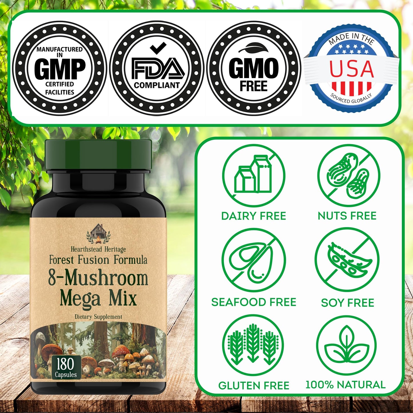 8 Mushroom Complex - 180 Capsules - Lion’s Mane, Reishi, Chaga, Cordyceps & Turkey Tail - Natural Immune, Focus & Energy* Support Supplement for Men & Women