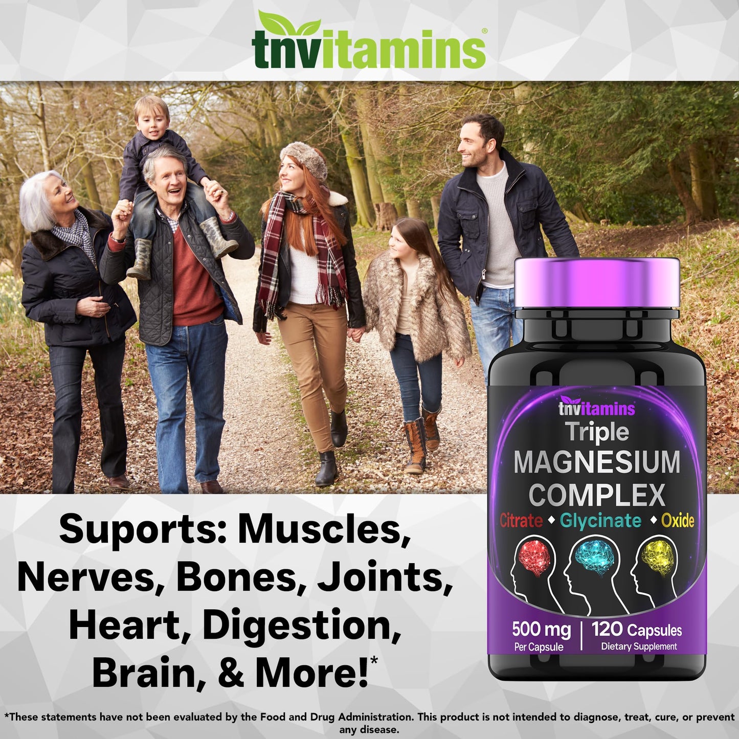 Triple Magnesium Complex Supplement 500mg: Magnesium Glycinate, Citrate, & Oxide - 120 Capsules (4 Month Supply!) | 1 Capsule Serving Provides 125% Daily Value | Non-GMO, Made in The USA!