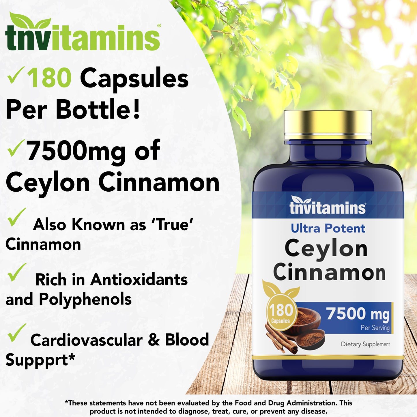 Ceylon Cinnamon Capsules 7500mg Per Serving - 180 Capsules | High Potency Ceylon Cinnamon Powder Pills for Women & Men